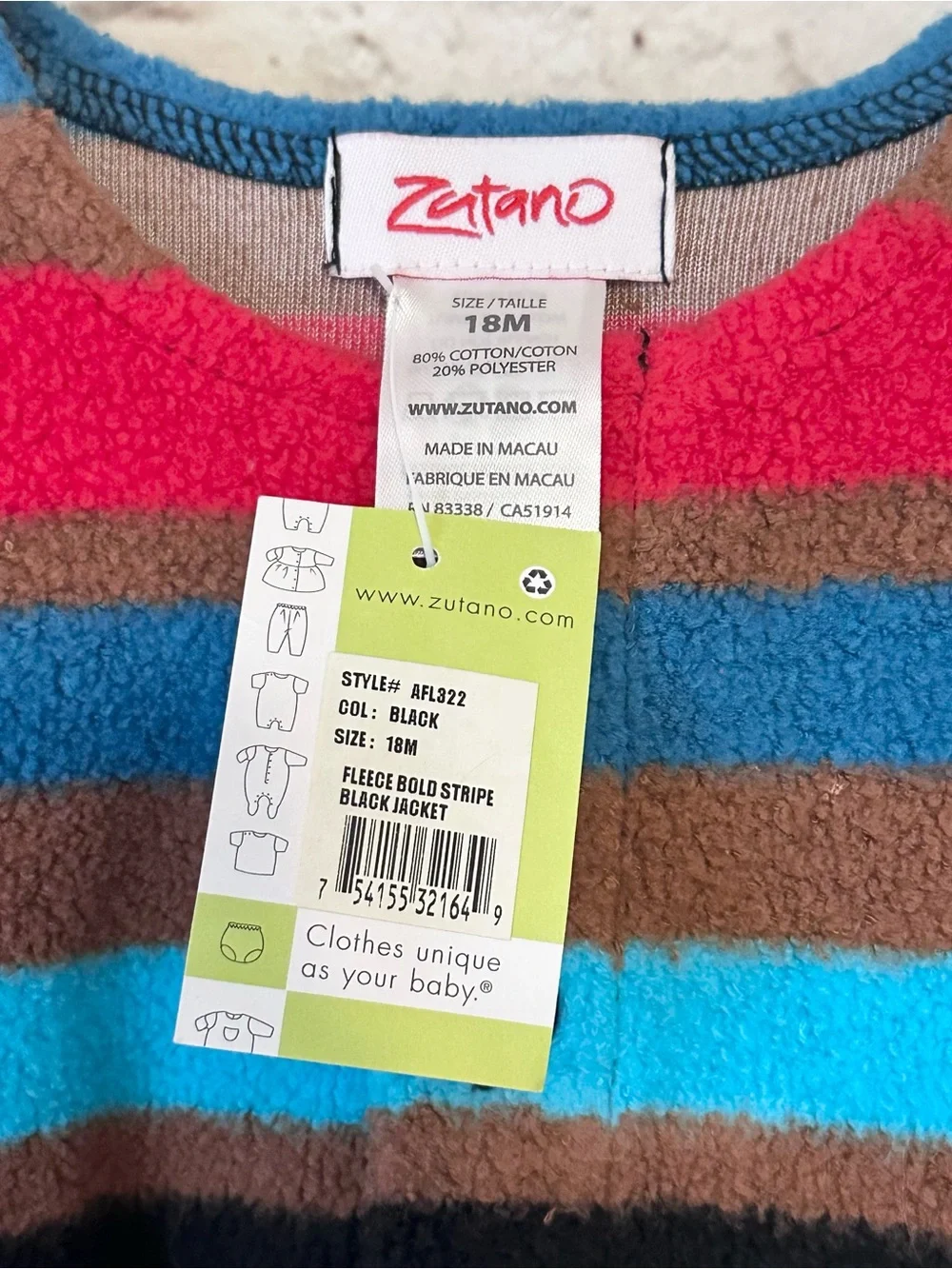 Zutano Brown, Turquoise & Red Striped Fleece Button Cardigan NWT